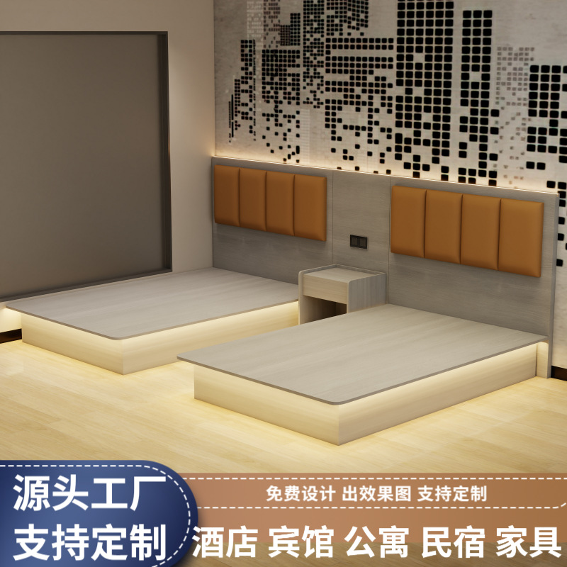 Cama de hotel, cama con cajón y tira de luz para alojamiento, cama para habitación de apartamento tipo B&B, muebles de hotel modernos y minimalistas, juego completo para habitación estándar