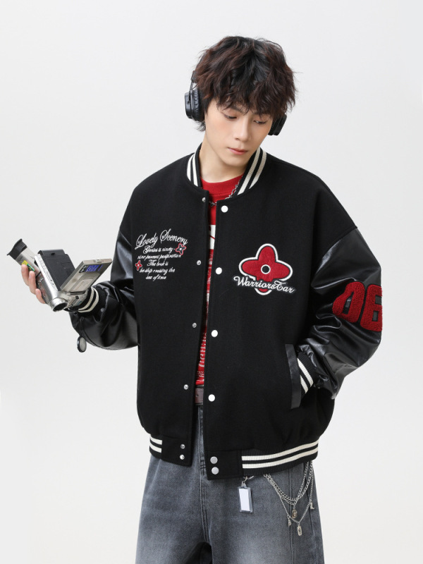 捷展YOU货|美式刺绣撞色PU棒球服25秋季新品街头休闲飞行夹克外套|undefined