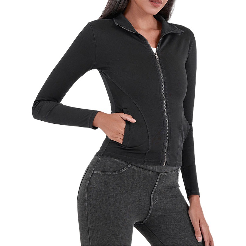 Cross-border nuevo punto Denim cremallera chaqueta de yoga mujeres adelgazamiento apretado de cuello alto doble bolsillo fitness ropa de abrigo superior