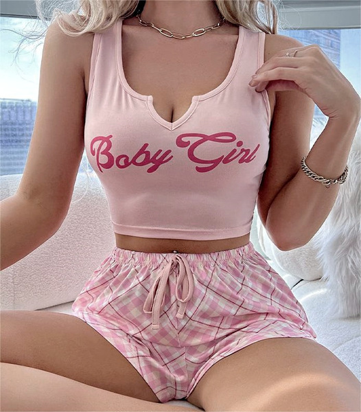 欧美夏季pajamas女睡衣两件套性感背心格子短裤家居服跨境速卖通
