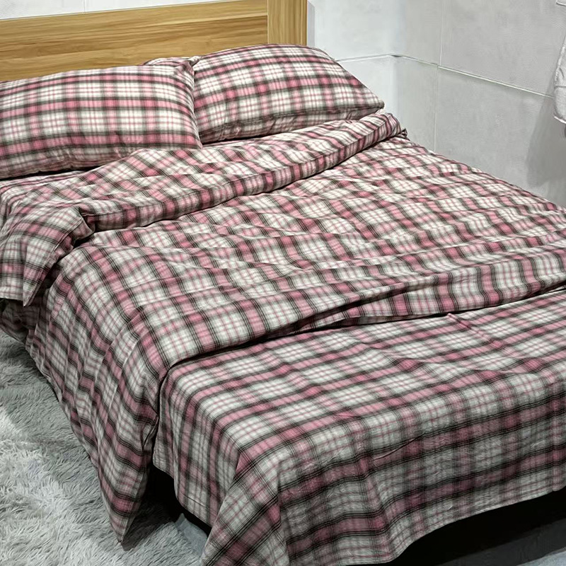 Simple Pink Plaid All-cotton Washed Four-piece Bedding 1.5m 1.8m Dormitory Three-piece Pure Cotton Bed Sheet Set_voghion.com