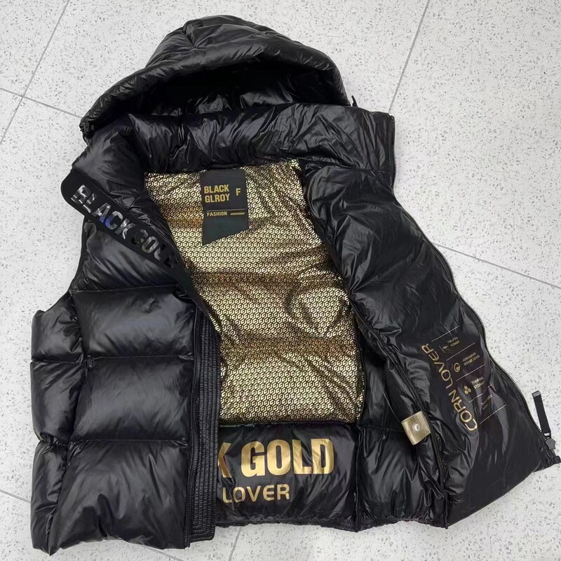 Cross-Border 90 Goose down down Jacket Vest for Men and Women New K-Style Black Gold Thickeneded Hooded Couple Vest Jacket Trendy
