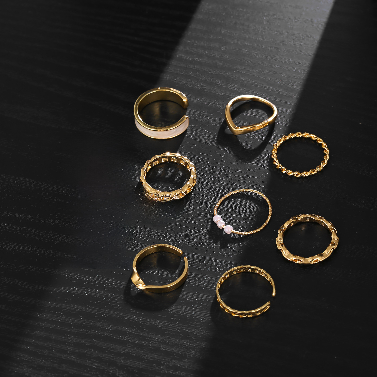 chain ring creative retro inlaid pearl joint ring white edge ring set of 10 pieces_voghion.com