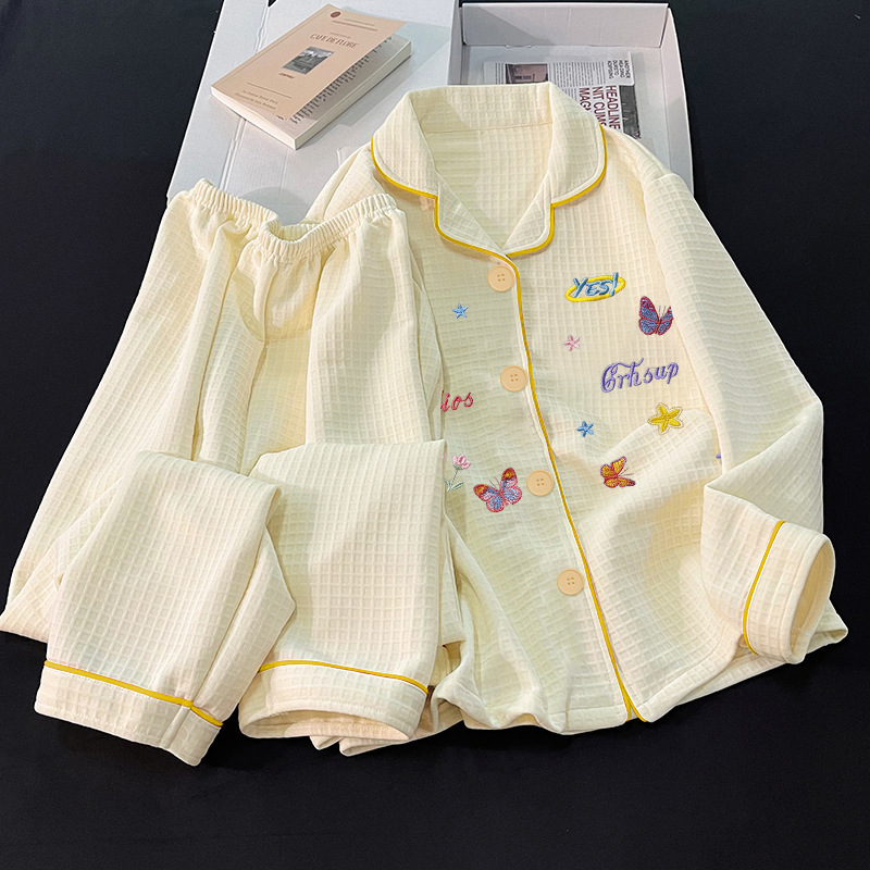 High-End Retro Sweet Ins Style Embroidered Waffle Plaid Air Cotton Pajamas Autumn and Winter Warm Suit Wholesale