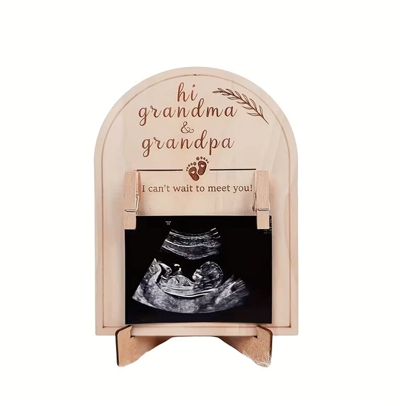 Cross-Border Wooden Baby Ultrasonic Memorial Standing Plaque with Front and Back Printing Photo Frame for Newborn Birth Keepsake