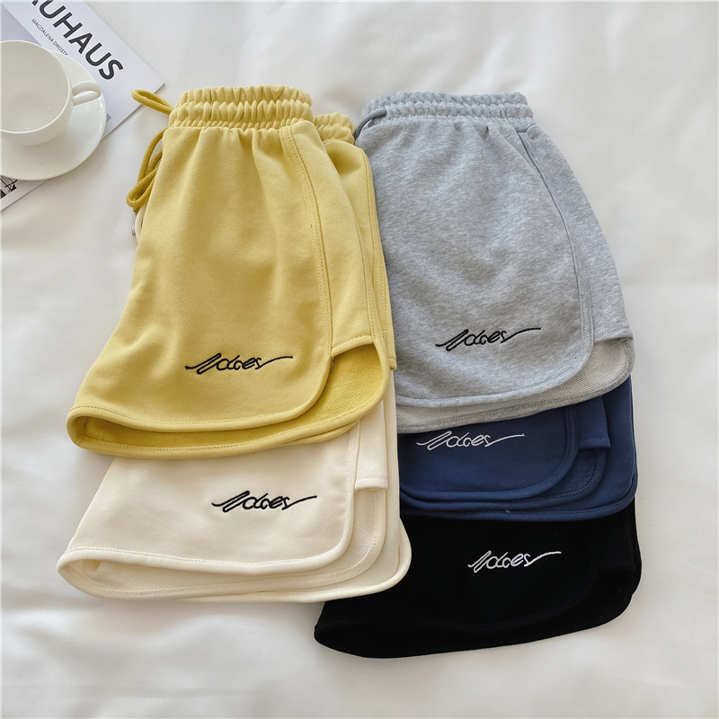Fish scale embroidered sports shorts for women 2023 Summer loose outerwear home pajama pants high waist casual wide leg terry cloth