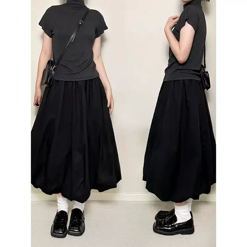 黑色赫本花苞裙胖mm高腰宽松遮肚a字半身裙梨形身材设计感蓬蓬裙