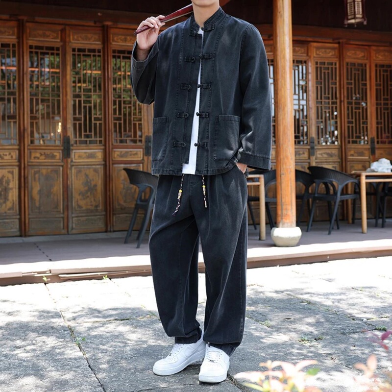 Autumn New Chinese Style Denim Shirt Jacket Set Casual Long-Sleeved Men's Two-Piece Black Suit in Stock