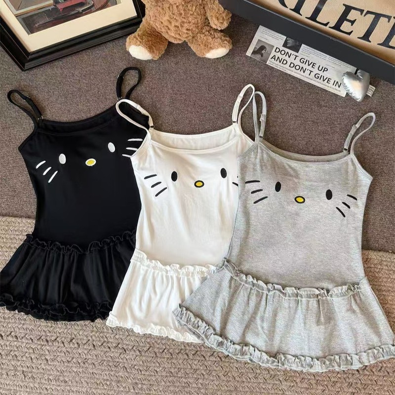 可爱猫咪刺绣吊带背心女夏季荷叶边修身内搭设计感无袖外穿上衣潮|undefined
