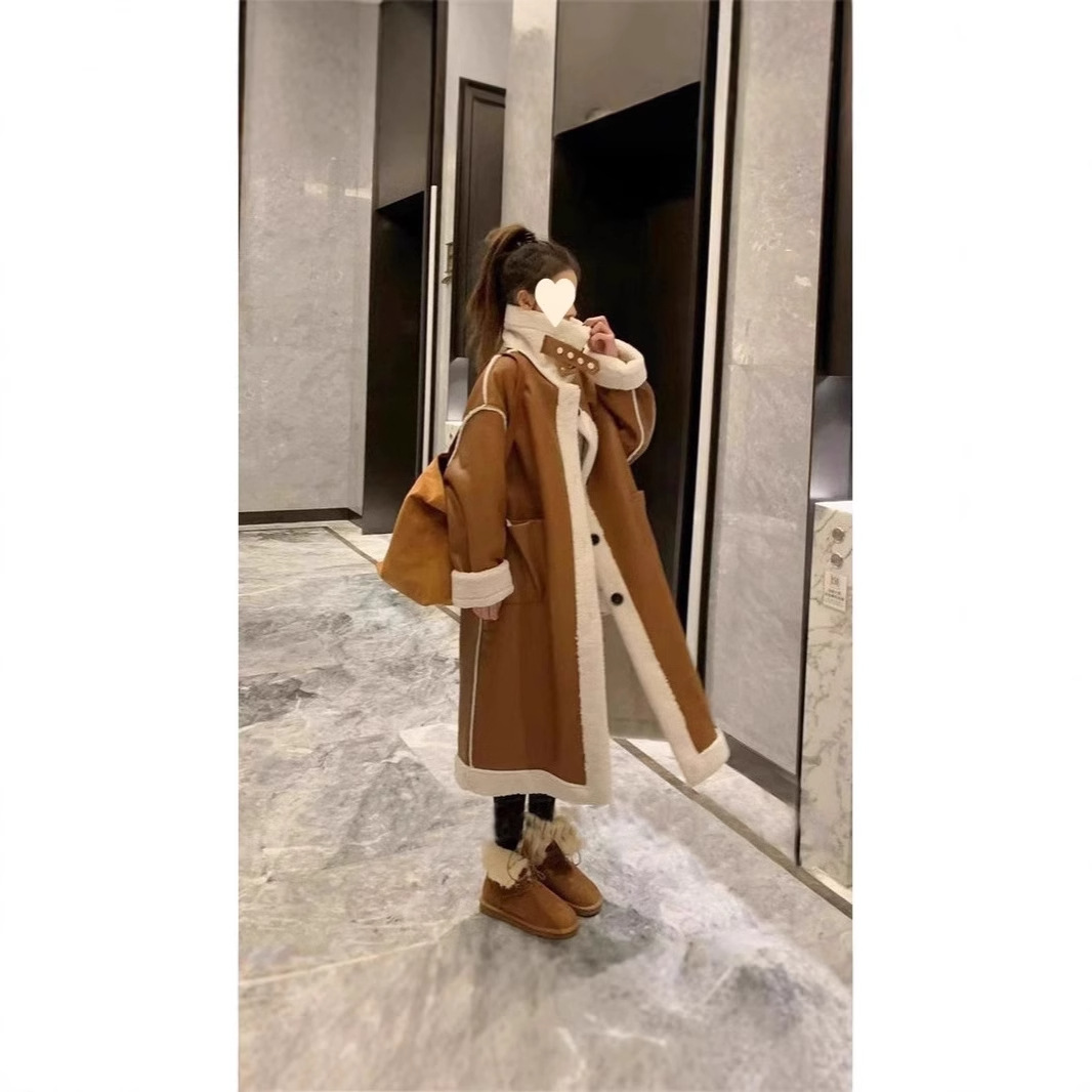 코트 겨울 새 한국식 올매치 롱 양면 모피 원피스 미립자 캐시미어 두꺼운 램스울 코트