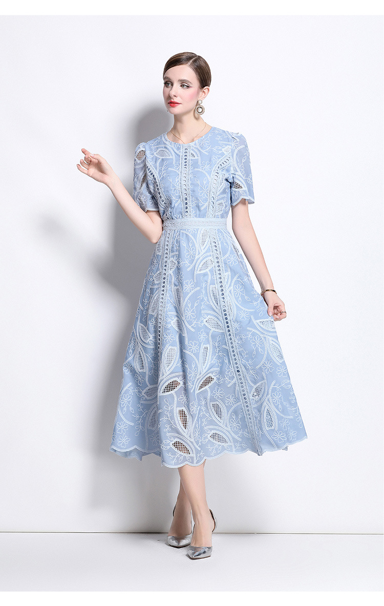 Đầm maxi nữ thắt eo cổ điển Pháp ren thêu họa tiết tay ngắn — màu đen, xanh nhạt, màu hồng, Xanh da trời nhạtcolor chi tiết 9