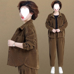 中年妈妈春装外套洋气运动服套装中老年女装春秋灯芯绒上衣两件套