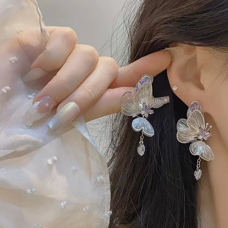 超仙气质半边蝴蝶水滴流苏耳环紫色锆石灵动仙女精致甜美轻奢耳饰