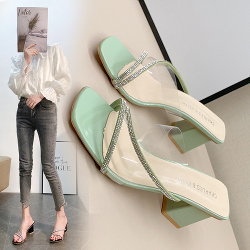 Summer New Women's Thick Heel Slippers Korean Style Simple Fashion Transparent Outdoor Slippers Square Toe Half Slippers