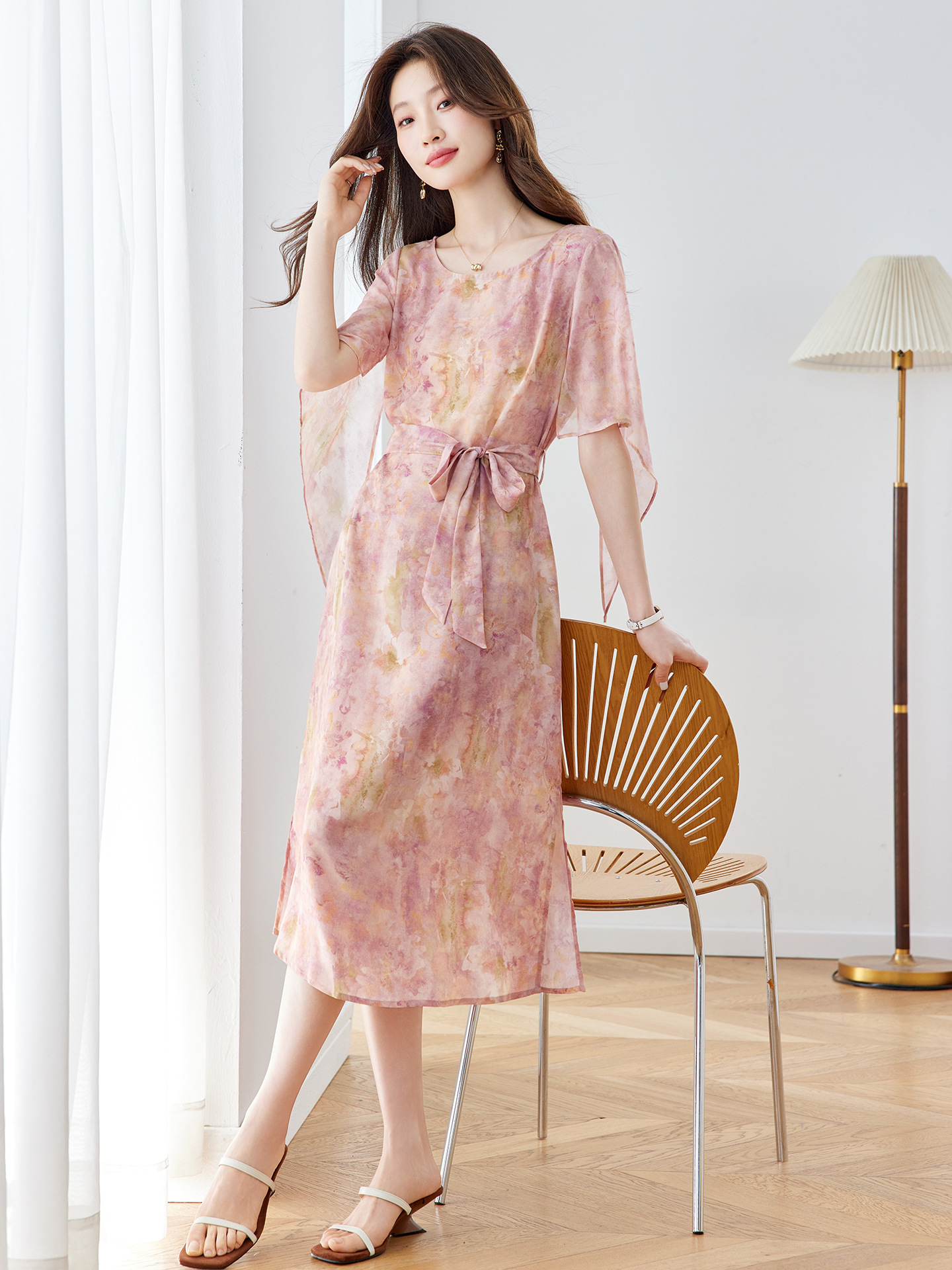 Đầm maxi nữ thắt eo in họa tiết hoa tay ngắn dáng suông che khuyết điểm — xanh lam, Màu hồng