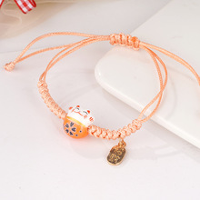 2024手工编织蜡线陶瓷招财猫咪手链小众设计感情侣手绳手链女