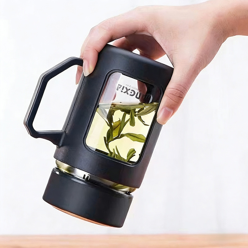 Simple Glass Cup with Handle, Large Capacity Water Cup, Office and Home Use Plastic Double-Layer Water Cup, Business Gift Cup