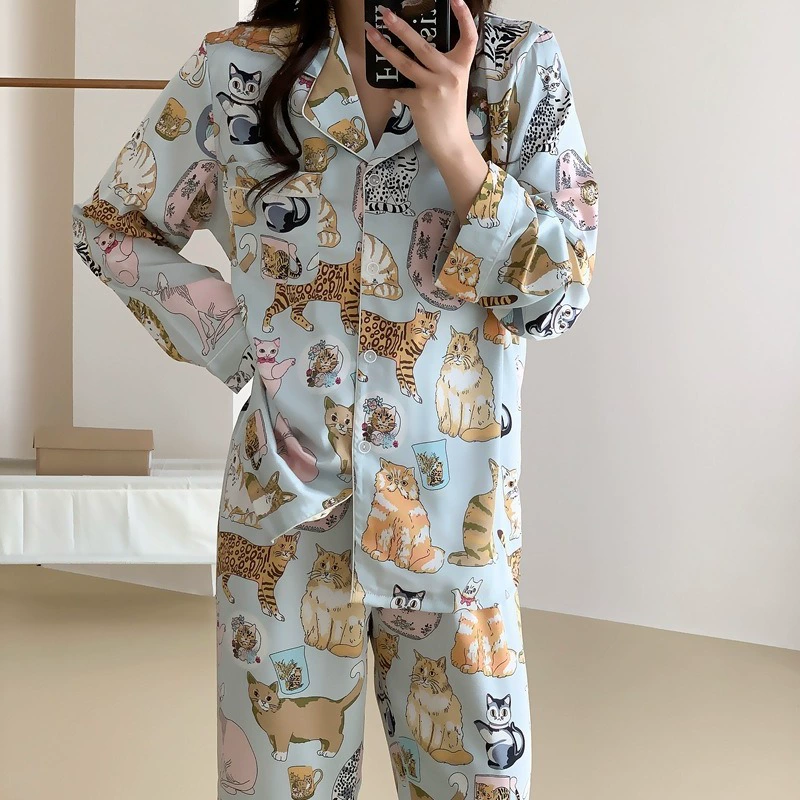 Женская пижама Zhao Rusi в однотонном стиле на весну и осень из ледяного шелка с длинным рукавом для домашней одежды из искусственного шелка с изображением интернет-знаменитостей