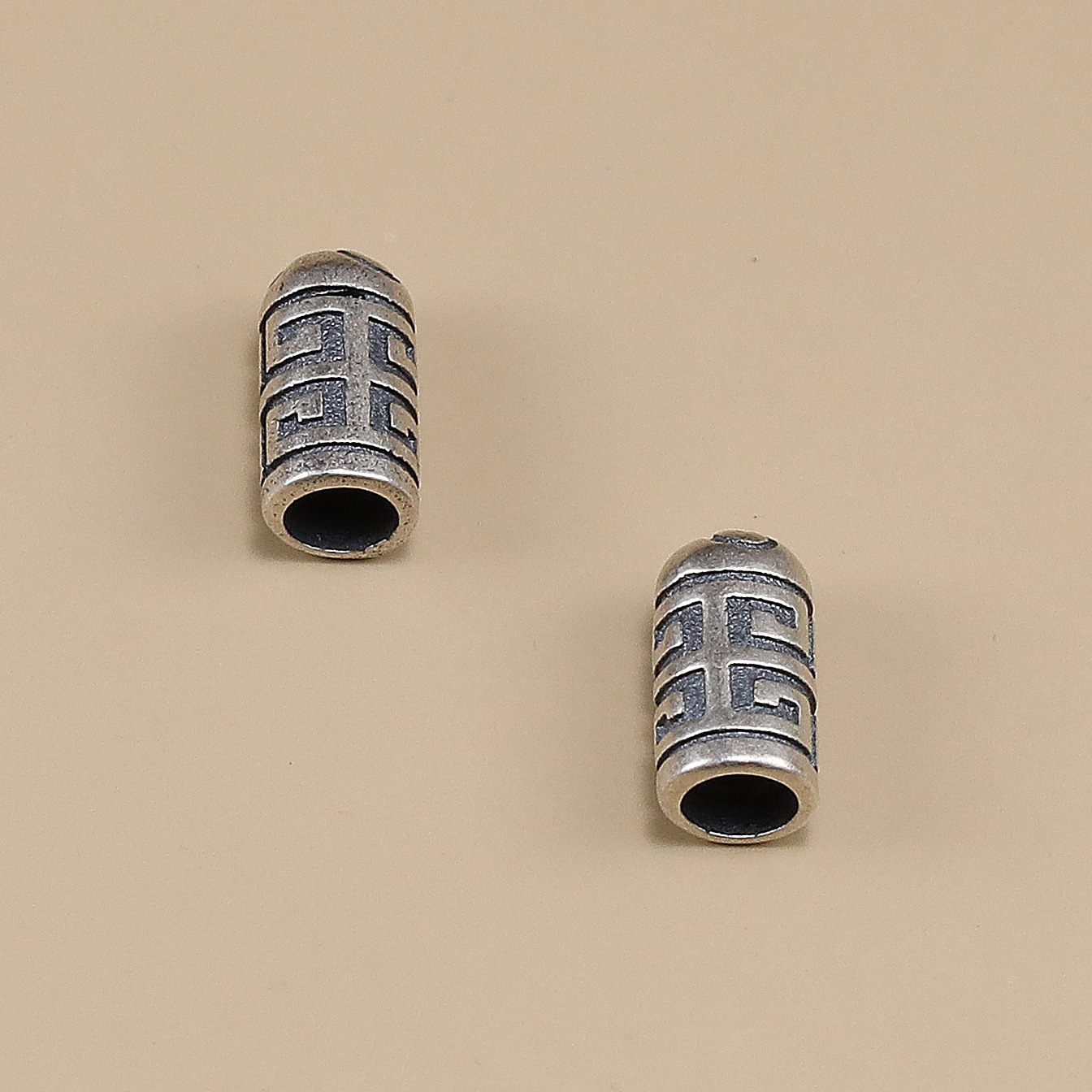 S925纯银泰银配件 回纹桶珠单孔串件 编绳尾扣绳套 手工配饰批发