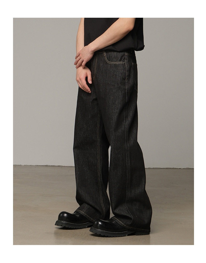 Classic American Raw Denim Jeans For Men – Straight Leg Relaxed Fit Washed Black Denim Pants, Vintage Style For Everyday Wear_mkmklike.com
