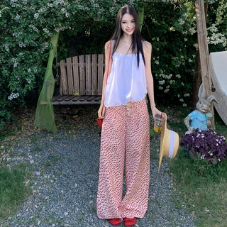 海边度假穿搭女夏美式弯刀裤红色碎花阔腿裤慵懒休闲沙滩裤长裤潮