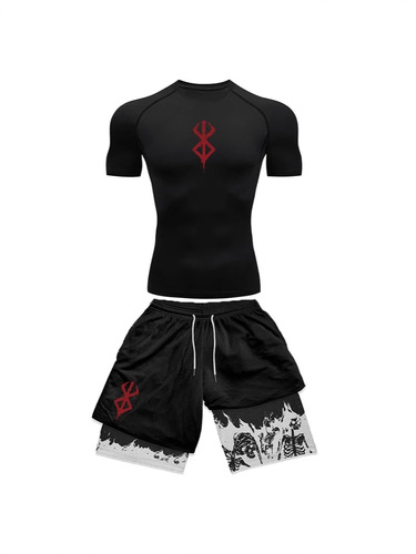 Men's Summer Casual Fitness Training Sport Short Sleeve Short Shorts Two-Piece Set with European and American Trend Prints