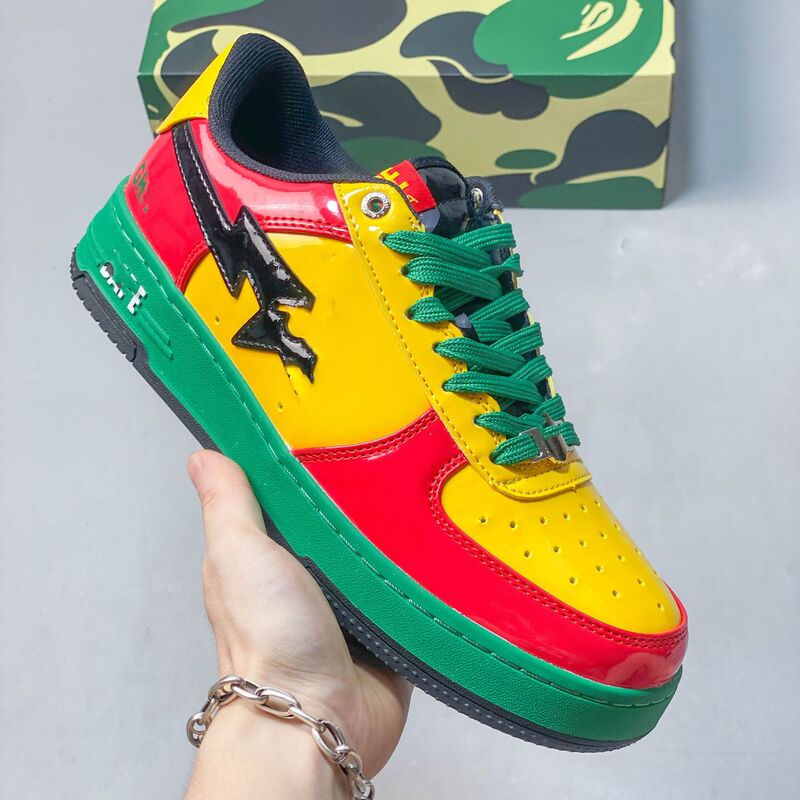 Bape sneakers with ape and star designs, patent leather dopamine fashion street skate shoes, couple's casual everyday trendy shoes