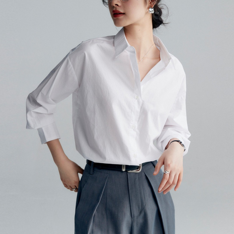 口碑推荐筋骨有型60支纯棉府绸宽松白衬衫女式衬衫上衣女|undefined