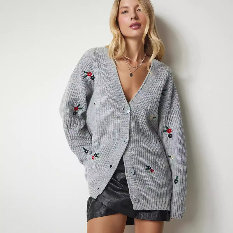 Amazon Autumn and Winter New European and American Embroidered Knitted Cardigan Women's Cross-border Casual Loose Single-breasted Sweater Coat Women Amazon Autumn and Winter New European and American Embroidered Knitted Cardigan Women's Cross-border Casual Loose Single-breasted Sweater Coat Women