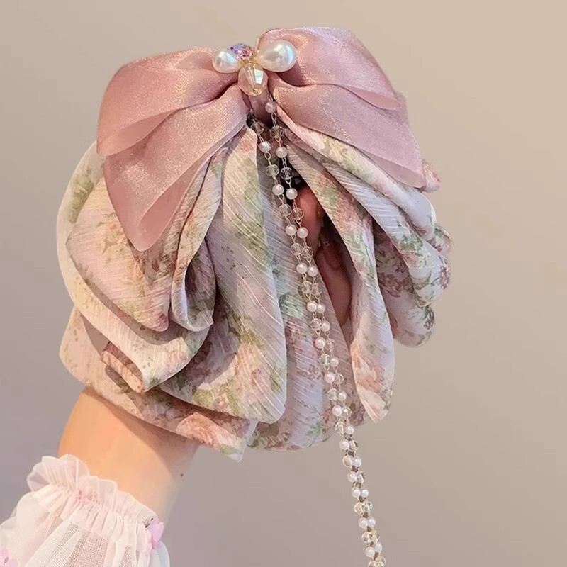 フレンチポルカドットレトロコントラストリボンリボンパールペンダント後頭部シャーククリップヘアピン女性用|undefined