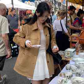 法式百搭复古美拉德麂皮绒翻领宽松单排扣通勤外套