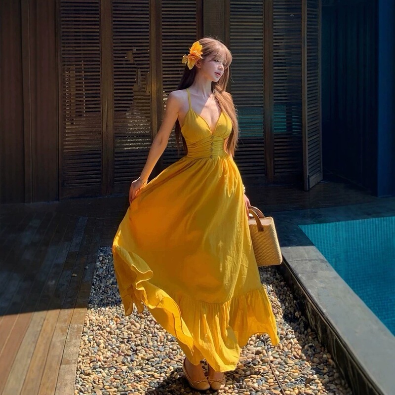 Dopamine bright yellow strap dress for women, stunning seaside vacation vibe, island beach long skirt Dopamine bright yellow strap dress for women, stunning seaside vacation vibe, island beach long skirt