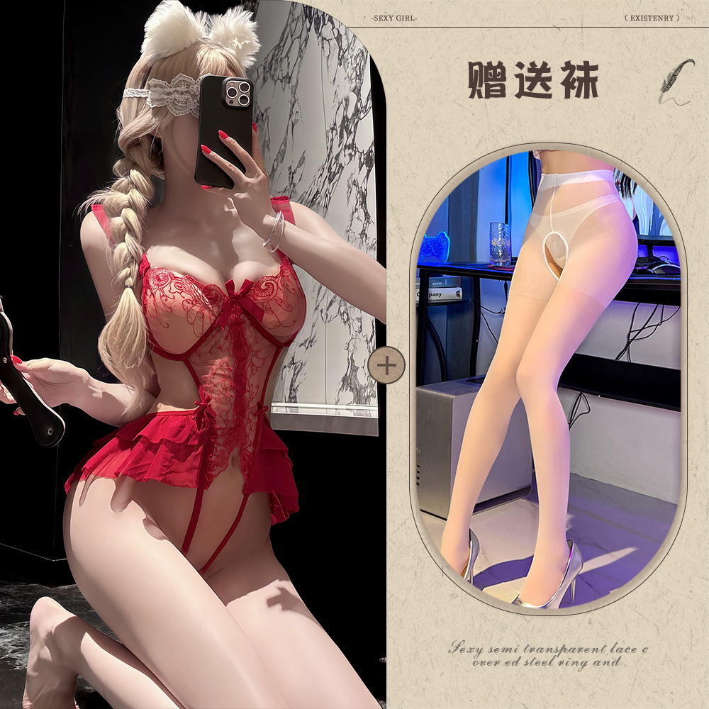 버건디 + 화이트 가랑이 없는 양말