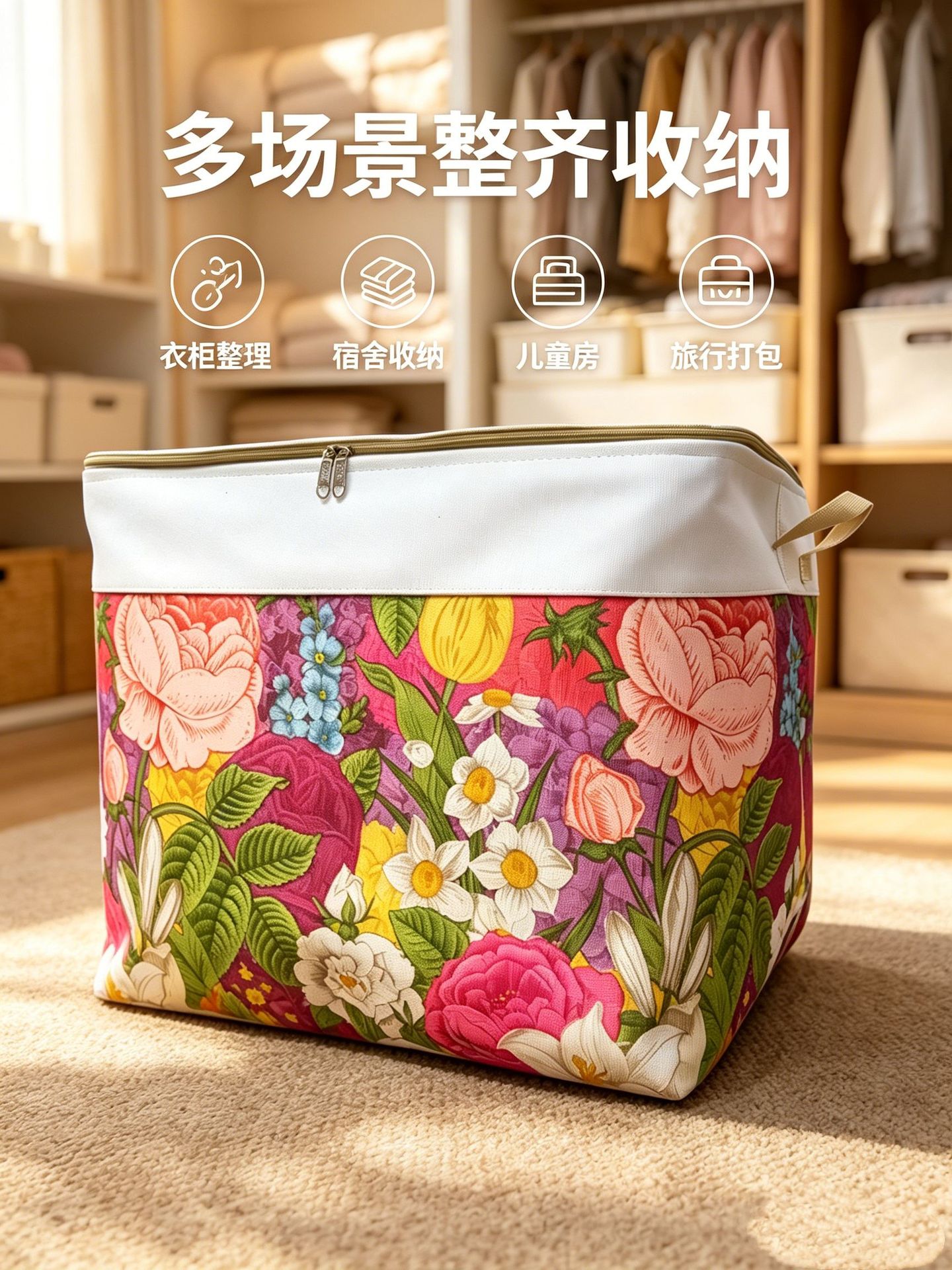 (In Stock, Fast Shipping) Household Zippered Storage Box with Steel Ring and Lid, Moisture-Proof Organizer Bag, Foldable Moving Container