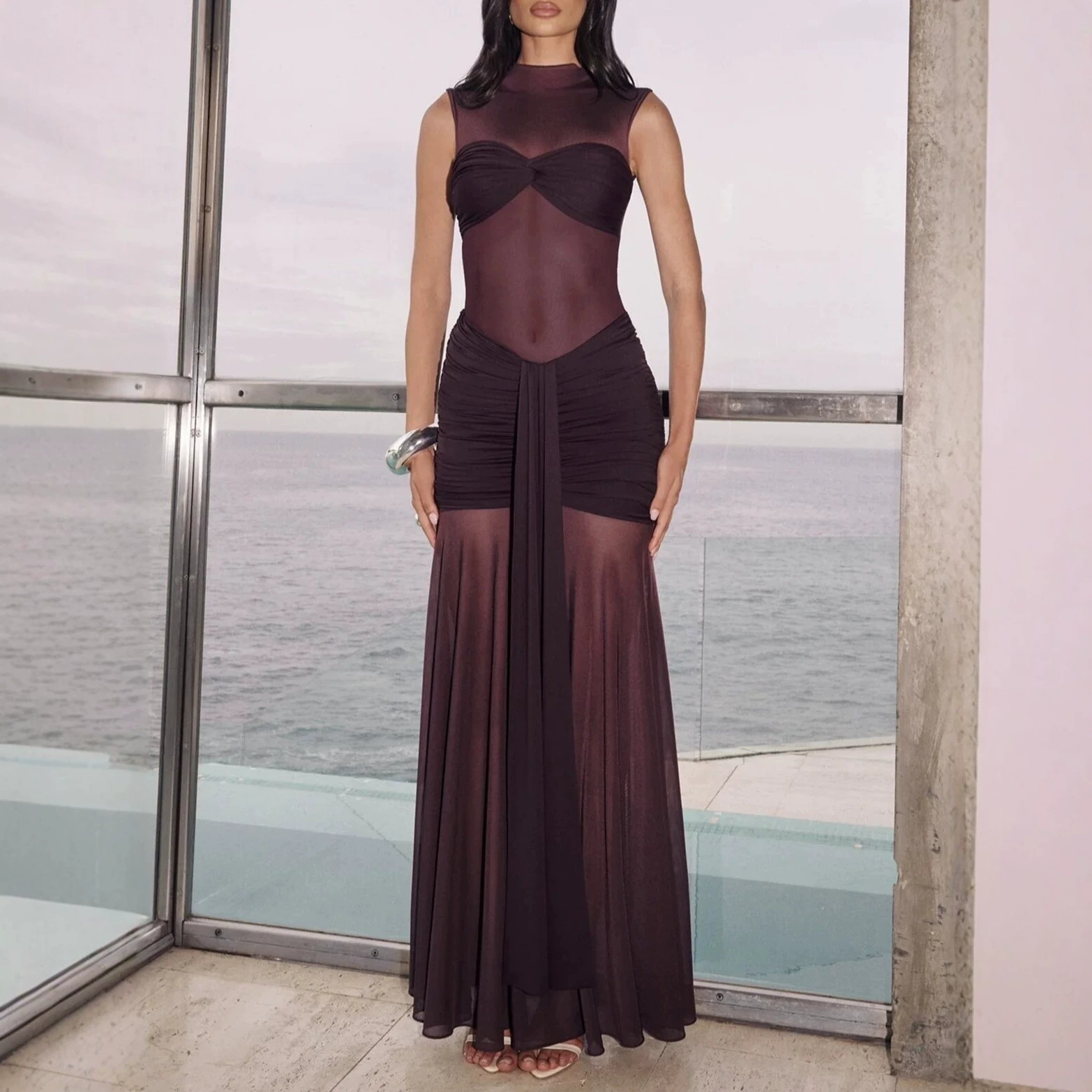 Elegant Bodycon Dress For Women Sexy Sheer Long Dress With Pleated Patchwork Slim Fit High Neck American Style_ecoleips.com