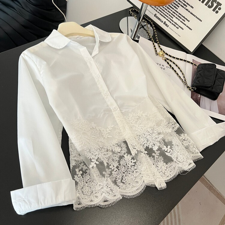Lace Patchwork White Shirt for Women 2026 Model Plus Size Slimming Elegant Heavy Embroidery Shirt for Women A10762 Lace Patchwork White Shirt for Women 2026 Model Plus Size Slimming Elegant Heavy Embroidery Shirt for Women A10762