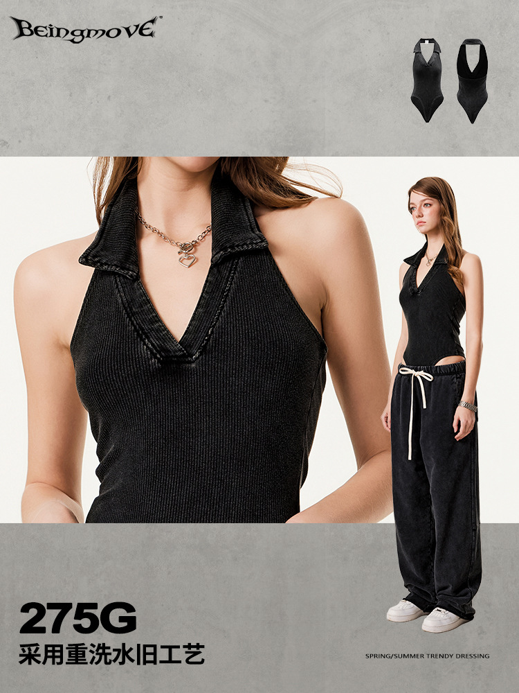Verano chica sexy europea y americana sin mangas con cuello en v mono delgado con cuello de polo cuello halter ropa de mujer