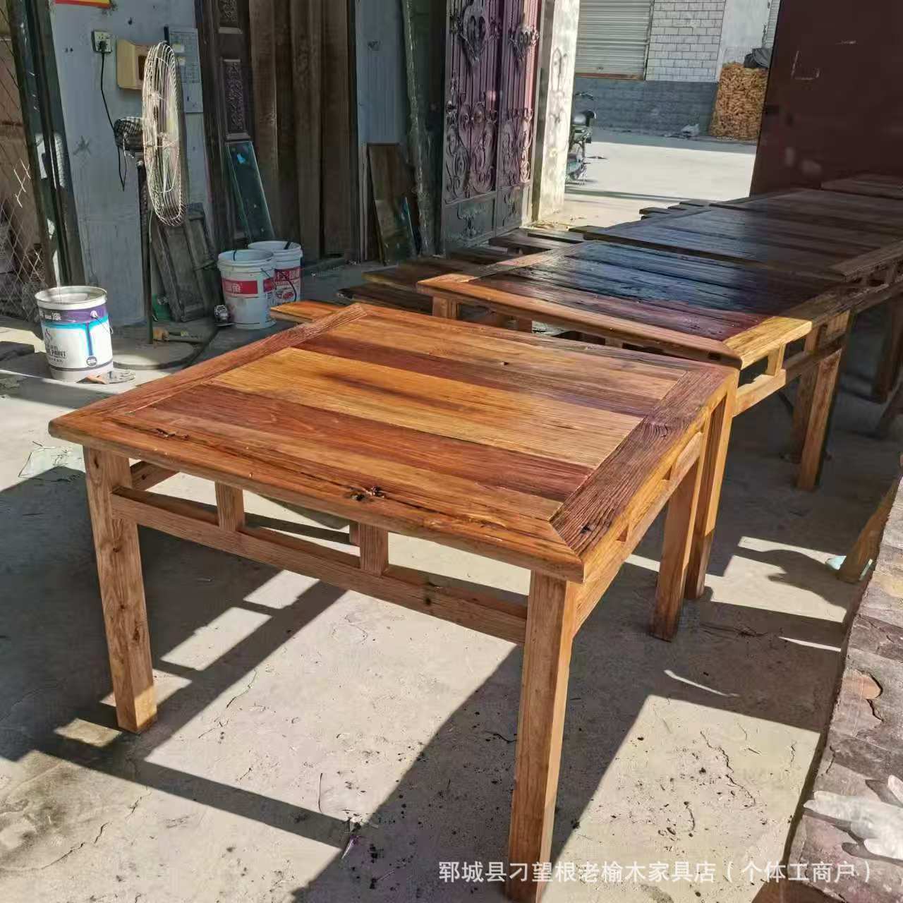 Retro Old Elm Wood Eight-Immortals Table, Square Solid Wood Dining Table for Guesthouses and Restaurants, Household Square Chinese-Style Elm Wood Tea Table