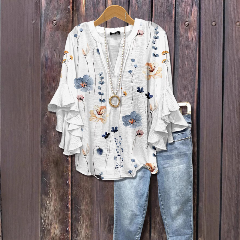 New Cross-Border Creative Floral Element Print Digital Print Casual Trendy V-Neck Ruffled Edge T-Shirt for Women