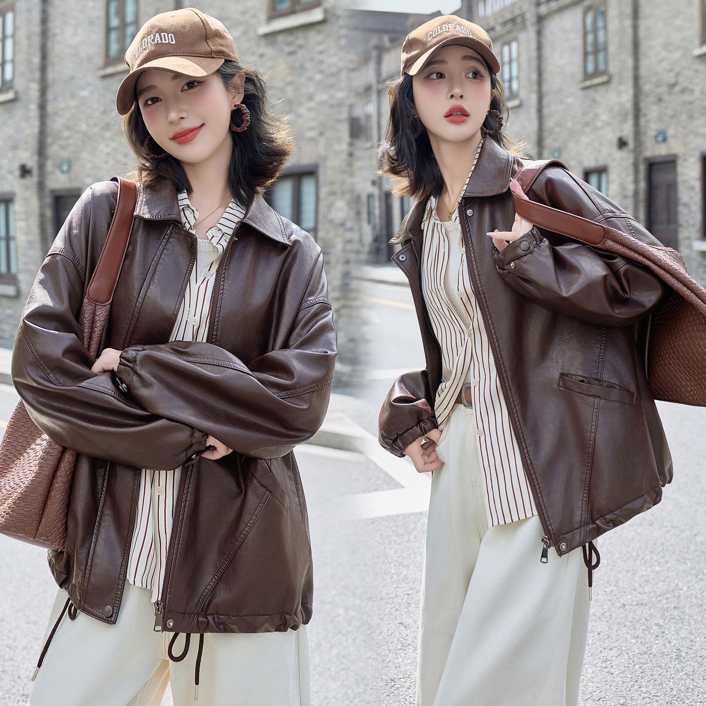 Women's Leather Jacket 2026 New Spring and Autumn Vintage Brown Slim-Fit Biker Jacket for Petite Figures