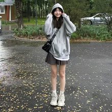 秋冬新款加绒加厚卫衣连帽情侣款帽衫落肩宽松青少年帽衫保暖卫衣