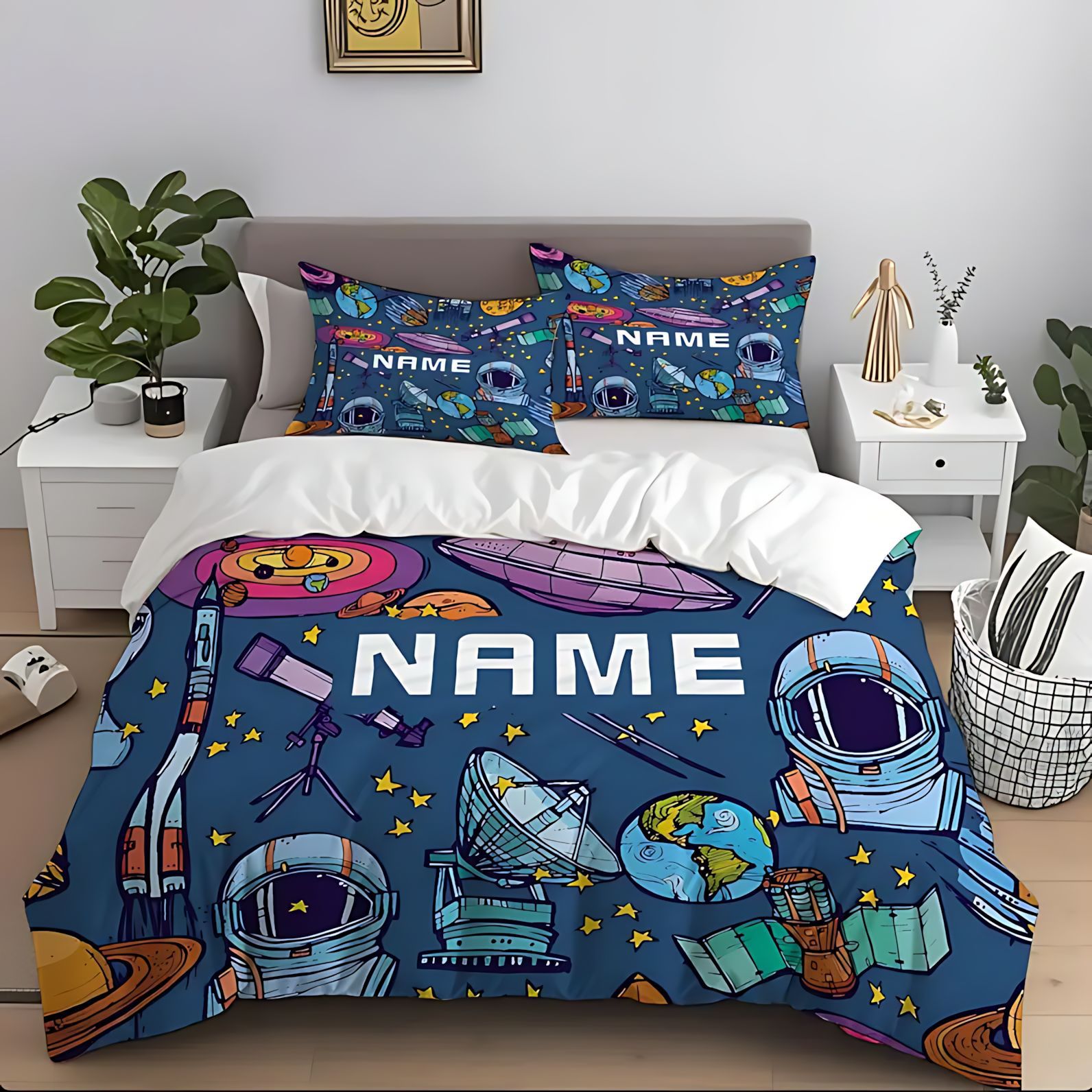 TEMU / JIT transfronterizo dibujos animados tema espacial impresión digital HD suave edredón transpirable kit de funda de almohada