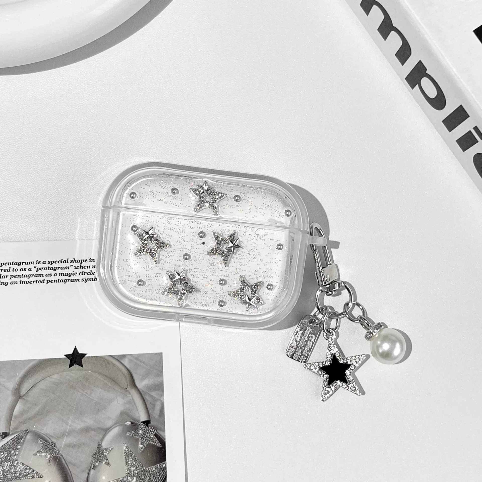 Чехол для AirPods Phantom Pentagram, мягкий TPU с блёстками и пентаграммой-подвеской