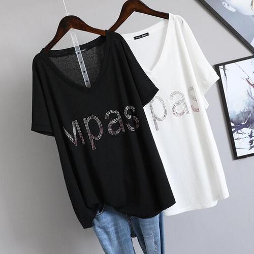 New Summer South Korean Style Fat Sister 2-300 Pounds Plus Size Loose Diamond-embellished V-neck Cover Stomach Short-sleeve T-shirt Top for Women