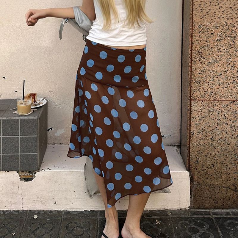Cross-border women's clothing, color-blocked polka dot print irregular skirt, holiday style mid-length slim-fit bodycon skirt for women