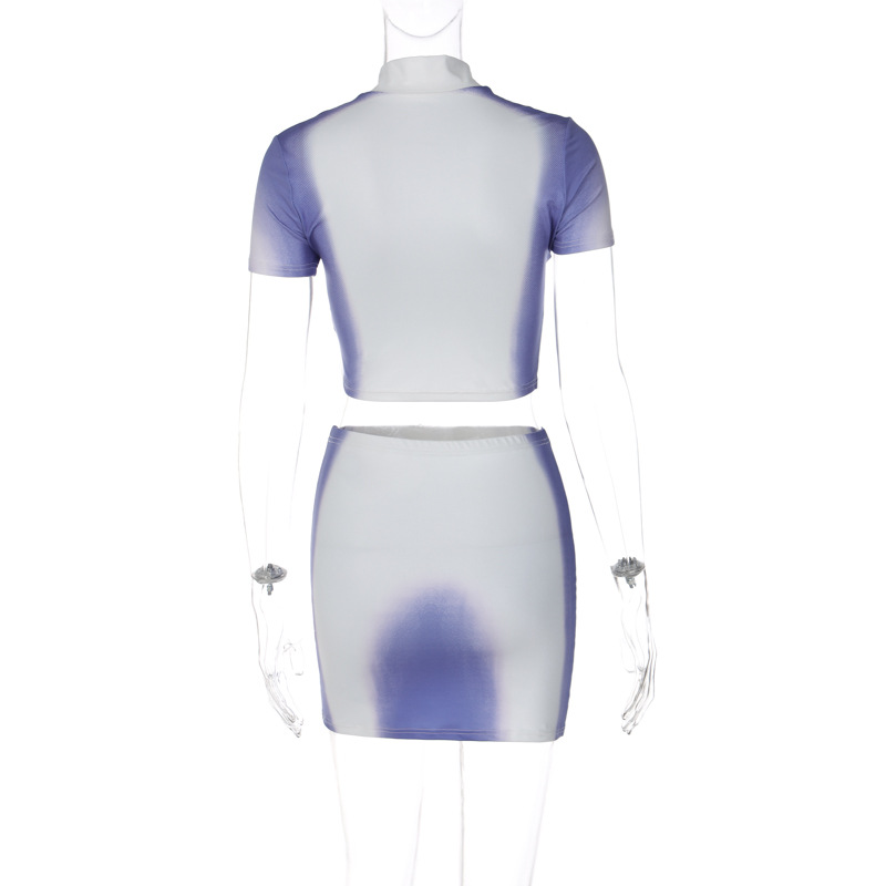 Women Clothing Spring Pattern Print Cropped Short Sleeve Top Slim Fit Short Skirt Set