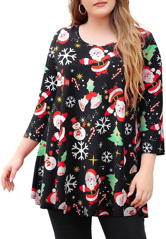 2025年アマゾン欧米女性用大きいサイズクリスマスプリントOネック長袖Tシャツトップス|undefined