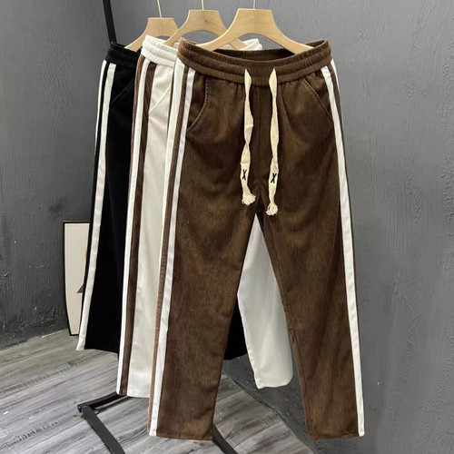 Men's Velour Track Pants for Autumn/Winter, Street Style, Draped, Trendy Brand, Straight Leg, Versatile Striped Casual Long Pants