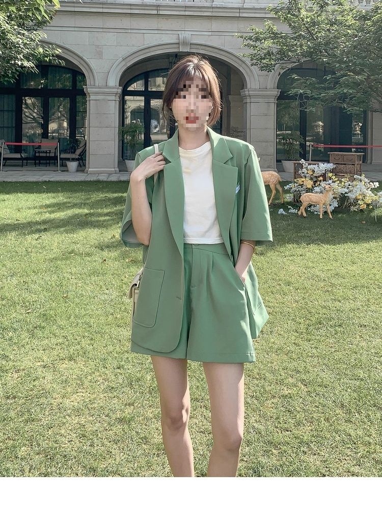 Bộ blazer nữ tay ngắn kèm quần short Hàn Quốc mỏng nhẹ mùa hè — Màu đen [Vải], Cỏ xanh [Vải], Gạo trắng [Vải], Màu hồng [Vải] chi tiết 9