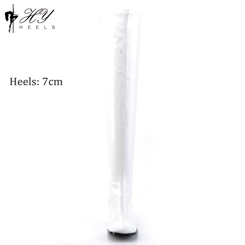 Boot nữ cổ cao quá gối gót vuông 7cm da sáng chế mũi tròn — Màu trắng sáng bóng, Ghi chú DIY Màu sắc tùy chỉnh, Màu đen ánh sáng, Màu đen mờ